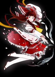Rule 34 | 1girl, ascot, bow, brown eyes, commentary, detached sleeves, falling petals, frilled bow, frilled hair tubes, frilled skirt, frills, gohei, hair bow, hair tubes, hakurei reimu, long hair, looking at viewer, mcnyan, open mouth, pantyhose, petals, red bow, red hair, red skirt, ribbon-trimmed sleeves, ribbon trim, sandals, skirt, skirt set, smile, solo, touhou, white pantyhose, yellow ascot