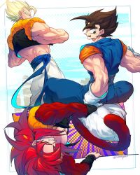 Rule 34 | black hair, blue eyes, blue sash, closed mouth, dougi, dragon ball, dragon ball gt, dragonball z, earrings, gloves, gogeta, jewelry, long hair, looking at viewer, male focus, metamoran vest, monkey boy, monkey tail, multiple boys, muscular, muscular male, ommmyoh, open mouth, pants, potara earrings, red fur, saiyan, sash, smile, spiked hair, super saiyan, super saiyan 1, super saiyan 4, tail, twitter username, vegetto