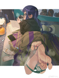 1girl absurdres backpack bag barefoot black-framed_eyewear black_jacket blanket blunt_bangs blush book boots brown_eyes cellphone chinese_commentary commentary_request cup earphones feet foot_focus glasses green_panties highres holding holding_cup hood hooded_jacket jacket lantern long_hair long_sleeves looking_at_viewer looking_back lying on_stomach oogaki_chiaki open_book panties panty_pull parted_lips phone purple_hair sidelocks skindentation sleeves_past_wrists smartphone smell socks soles solo stained_panties steam sunny_bitch the_pose toes turning_head twintails underwear unworn_boots unworn_socks yurucamp