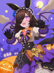 1girl absurdres animal_ears asymmetrical_bangs black_bow black_bowtie black_gloves black_skirt blue_flower blue_rose blush bow bowtie brooch brown_hair buttons ceres_fauna ceres_fauna_(1st_costume) claw_pose commentary enddada fangs flipped_hair flower frilled_hairband frills gloves hair_flower hair_ornament hair_over_one_eye hairband halloween high-waist_skirt highres horse_ears horse_girl horse_tail jack-o&#039;-lantern jewelry layered_skirt lolita_hairband long_bangs long_hair looking_at_viewer night night_sky official_alternate_costume open_mouth puffy_short_sleeves puffy_sleeves purple_bow purple_bowtie purple_eyes purple_hairband purple_skirt red_brooch rice_shower_(make_up_vampire!)_(umamusume) rice_shower_(umamusume) rose shirt short_sleeves skirt sky solo spiked_hair tail two-tone_bow two-tone_bowtie umamusume underbust v-shaped_eyebrows white_shirt
