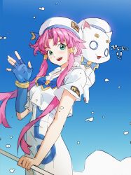 Rule 34 | 1girl, absurdres, animal, animal on shoulder, aria (manga), aria company uniform, aria pokoteng, blue gloves, blue sky, cat, cat on shoulder, cloud, cowboy shot, dress, fingerless gloves, forehead, gloves, green eyes, hair intakes, hair ribbon, hair tubes, hat, highres, letro, mizunashi akari, parted bangs, pink hair, ribbon, short hair with long locks, sidelocks, single glove, sky, solo, waving, white dress, white hat