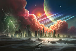 Rule 34 | artist logo, city, cloud, cloudy sky, commentary, english commentary, film grain, kvacm, lightning, logo, moon, no humans, original, planet, planetary ring, post-apocalypse, ruins, scenery, science fiction, sky, skyline, space, star (symbol), watermark