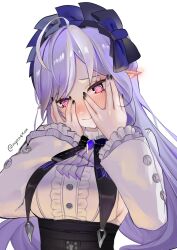 1girl @_@ absurdres ahoge blush brooch center_frills embarrassed frilled_sleeves frills highres jewelry long_hair nekon_(nyanekon) peeking_through_fingers pink_eyes pointy_ears purple_hair shirt shy simple_background smile solo upper_body very_long_hair vivian_banshee white_background white_shirt zenless_zone_zero