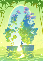 1girl aqua_theme artist_name blue_hair dress flower highres huhv. leaf lily_pad long_hair moon original outdoors plant sitting solo straight_hair tree water watermark wide_shot