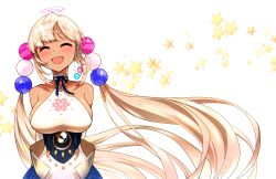 1girl :d ^_^ absurdres arms_behind_back bare_shoulders beads blonde_hair blush breasts choker closed_eyes commentary dark-skinned_female dark_skin ddolbang facing_viewer hair_beads hair_ornament highres hololive hololive_english large_breasts limiter_(tsukumo_sana) long_hair open_mouth ribbon-trimmed_choker simple_background smile solo star_(symbol) tsukumo_sana twintails upper_body very_long_hair virtual_youtuber white_background white_choker