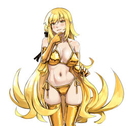 1girl abs alternate_costume armpit_crease bare_shoulders bikini black_ribbon blonde_hair blush breasts breasts_apart cameltoe closed_mouth collarbone commentary elbow_gloves english_commentary eyeshadow gloves gluteal_fold gold_bikini gold_gloves gold_thighhighs golden_week golden_week_bikini hair_ribbon hand_on_own_chin head_tilt highres kiss-shot_acerola-orion_heart-under-blade knee_up large_breasts light_smile long_hair looking_at_viewer makeup monogatari_(series) navel oshino_shinobu pink_lips pointy_ears red_eyeshadow ribbon ricman_rt side-tie_bikini_bottom simple_background skindentation smile solo standing swimsuit thigh_gap very_long_hair white_background yellow_eyes