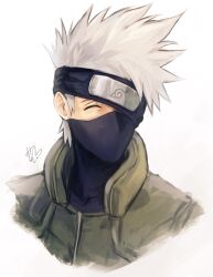 Rule 34 | 1boy, closed eyes, flak jacket, forehead protector, grey hair, hatake kakashi, highres, jacket, konohagakure shinobi uniform, konohagakure symbol, male focus, mask, mouth mask, naruto (classic), naruto (series), ninja, ninja mask, oomura saki, short hair, simple background, solo, spiked hair, upper body, white background