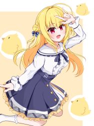 Rule 34 | 1girl, :d, \m/, ahoge, baby animal, bird, black ribbon, black skirt, blue bow, blush, bow, breasts, buttons, center frills, chick, commentary, double bun, eyes visible through hair, floating hair, foot out of frame, frilled sailor collar, frilled shirt, frilled skirt, frills, hair between eyes, hair bow, hair bun, hair intakes, hamidashi creative, hand up, happy, high-waist skirt, highres, huge ahoge, izumi hiyori, long hair, long sleeves, looking at viewer, medium skirt, open mouth, outline, red eyes, ribbon, sailor collar, shirt, sidelocks, simple background, sitting, skirt, smile, socks, solo, sora umi ao, two side up, wariza, white outline, white sailor collar, white shirt, white socks, yellow background