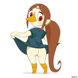 1girl ass beak blue_dress blush boots brown_hair clothes_lift dangerking11 dress dress_lift from_behind headband loli long_hair looking_at_viewer looking_back medli nintendo no_panties orange_boots pointy_ears ponytail red_eyes red_tabard rito short_sleeves standing tabard the_legend_of_zelda the_legend_of_zelda:_the_wind_waker white_background