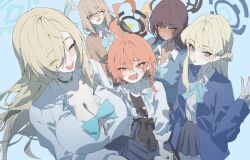 ahoge akane_(blue_archive) akane_(school_uniform)_(blue_archive) asuna_(blue_archive) asuna_(school_uniform)_(blue_archive) blonde_hair blue_archive blue_ribbon breasts cleaning_&amp;_clearing_(blue_archive) cleavage commentary dark_skin halo highres karin_(blue_archive) karin_(school_uniform)_(blue_archive) neru_(blue_archive) neru_(school_uniform)_(blue_archive) netural red_hair ribbon school_uniform toki_(blue_archive) toki_(school_uniform)_(blue_archive)