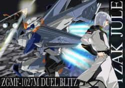 Rule 34 | absurdres, blue eyes, duel blitz gundam, green eyes, gundam, gundam seed, gundam seed freedom, highres, holding, holding weapon, long sleeves, mecha, military, military uniform, mobile suit, pants, robot, science fiction, shibukawa daisuke, shirt, short hair, v-fin, weapon, white hair, yzak joule, zaft uniform