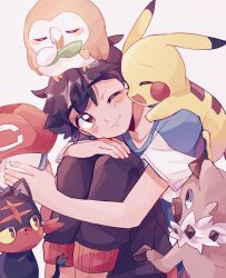 1boy absurdres ash_ketchum baseball_cap black_hair blue_eyes blue_shirt brown_eyes catsubun_(kkst0904) closed_eyes closed_mouth colored_sclera creatures_(company) facial_mark game_freak gen_1_pokemon gen_7_pokemon hat highres holding litten male_focus nintendo one_eye_closed open_mouth pikachu pokemon pokemon_(anime) pokemon_sm_(anime) red_eyes rockruff rowlet shirt simple_background sitting sleeping smile snot two-tone_shirt white_background white_shirt yellow_sclera
