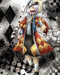 Rule 34 | 1boy, abstract background, argyle clothes, argyle coat, baggy pants, black hat, black pants, black scarf, blue scarf, closed mouth, coat, commentary request, full body, grey background, hat, juliet sleeves, long sleeves, looking at viewer, male focus, minstrel (ragnarok online), pants, plume, polka dot, polka dot scarf, puffy sleeves, ragnarok online, red coat, red eyes, red scarf, sanzan (re m), scarf, short hair, smile, solo, striped clothes, striped scarf, white hair, white scarf