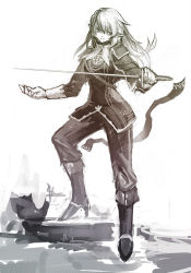 1girl andras bad_id bad_pixiv_id boots elf gloves greyscale ichi_inaru long_hair mabinogi military military_uniform mono2501 monochrome pointy_ears ribbon sketch spoilers sword weapon