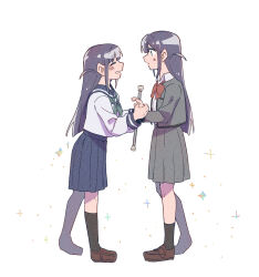 Rule 34 | 2girls, aged down, black socks, blue sailor collar, blue skirt, blunt bangs, blush stickers, bow, bowtie, breast pocket, brown shoes, chinese commentary, collared shirt, commentary request, dual persona, face-to-face, facing another, from side, full body, green neckerchief, grey jacket, grey skirt, highres, holding, holding hands, holding juggling club, jacket, juggling club, kneehighs, leaning forward, loafers, long sleeves, looking at another, medium skirt, multiple girls, neckerchief, open clothes, open jacket, parted lips, pleated skirt, pocket, purple hair, red bow, red bowtie, rei931218, sailor collar, sailor shirt, school uniform, seishou music academy uniform, shirt, shoes, shoujo kageki revue starlight, sidelocks, skirt, smile, socks, sparkle, time paradox, tsuyuzaki mahiru, walking, white background, white shirt