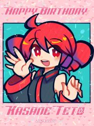 Rule 34 | 1girl, :d, absurdres, ahoge, anniversary, black outline, black shirt, black sleeves, character name, collared shirt, commentary, dated, detached sleeves, drill hair, english commentary, hair between eyes, happy birthday, highres, kasane teto, long sleeves, looking at viewer, mixed-language commentary, open mouth, outline, red eyes, red hair, sayonarabyebye, shirt, sleeveless, sleeveless shirt, smile, solo, teeth, triangle, twin drills, upper teeth only, utau