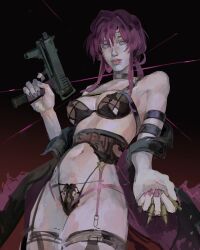 1girl absurdres bare_shoulders black_background black_bra black_panties bra breasts bullet choker commentary dark english_commentary fingernails garter_belt gun highres holding holding_gun holding_weapon honkai:_star_rail honkai_(series) kafka_(honkai:_star_rail) lingerie long_hair looking_at_viewer medium_breasts navel panties pink_nails purple_eyes purple_hair red_background shafroii solo underwear weapon