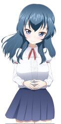 1girl artist_request blue_eyes blue_hair blue_skirt breasts collared_shirt eclair_(girls_und_panzer) frilled_shirt frills girls_und_panzer girls_und_panzer_gekitou!_maginot-sen_desu!! highres juliet_sleeves large_breasts long_hair long_sleeves maginot_school_uniform miniskirt pleated_skirt puffy_sleeves red_ribbon ribbon school_uniform shirt skirt white_shirt