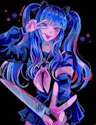 amemiya_darumi black_background black_hair blood bloody_tears blue_hair blush double_v eyebrows face_piercing highres last_defense_academy_school_uniform lip_piercing long_hair long_sleeves looking_at_viewer piercing pink_eyes simple_background the_hundred_line_-last_defense_academy- tongue tongue_out twintails v