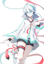 Rule 34 | 1girl, absurdres, black shorts, blue eyes, blue headset, blue nails, boots, cardiogram, cardiogram print, chinese knot, chinese text, hand on own chest, headset, highres, jacket, jing hua shui yue 3384, long sleeves, red ribbon, ribbon, short hair, short shorts, shorts, simple background, thigh strap, watermark, weibo username, weibo watermark, white hair, wristband, yanhe, yanhe v3