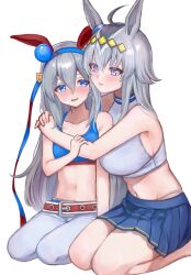 2girls ahoge animal_ears bare_shoulders belt blue_bra blue_eyes blue_hairband blue_sports_bra blush bra breasts collarbone commentary_request ear_covers flat_chest grey_hair hair_ornament hairband hand_on_another&#039;s_arm heads_together highres horse_ears horse_girl hug large_breasts long_hair looking_at_another midriff miniskirt multiple_girls navel oguri_cap_(umamusume) own_hands_together pants panty_straps pleated_skirt purple_eyes seiza simple_background sitting skirt sports_bra tamamo_cross_(umamusume) umamusume underwear white_background white_pants z50aq