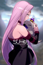 1girl adversarial_noise bare_shoulders black_dress breasts cleavage collar detached_sleeves dragon dress echo_(circa) facial_mark fate/grand_order fate_(series) forehead_mark large_breasts long_hair medusa_(fate) medusa_(rider)_(fate) parted_bangs purple_eyes purple_hair short_dress sidelocks smile solo translation_request very_long_hair