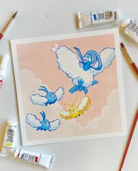 Rule 34 | altaria, animal focus, art tools in frame, artist name, bird, border, cloud, colored lineart, crescent moon, evolutionary line, flying, full body, gen 3 pokemon, gouache (medium), highres, illustrationbyryan, moon, nintendo, no humans, open mouth, outdoors, paint tube, painting (medium), photo (medium), pokemon, pokemon (creature), smile, sparkle, swablu, traditional media, white border