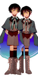 2boys :o arms_behind_back black_hair black_jacket black_socks blue_bow blue_bowtie blue_cloak boots bow bowtie brothers buttons cargo_shorts cloak closed_mouth collared_jacket collared_shirt cross-laced_footwear dot_nose eyelashes footwear_bow full_body grey_cloak grey_footwear grey_shorts grey_vest hair_between_eyes high_heel_boots high_heels jacket knee_boots kneehighs lapels leg_belt light_blush mahoutsukai_no_yakusoku male_focus multiple_boys notched_lapels open_mouth pocket school_uniform section_(prrx8584) shirt short_hair shorts siblings simple_background single_stripe smile snow_(mahoutsukai_no_yakusoku) socks standing striped_bow striped_bowtie striped_clothes twins two-sided_cloak two-sided_fabric vest white_(mahoutsukai_no_yakusoku) white_background white_bow white_bowtie white_shirt yellow_eyes