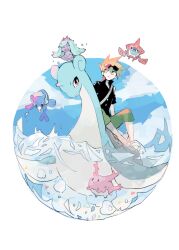 Rule 34 | 1boy, blue oak, corsola, eyewear on head, gen 1 pokemon, gen 2 pokemon, gen 4 pokemon, gen 7 pokemon, horns, lapras, nintendo, pokemon, pokemon (creature), pokemon sm, popplio, riding, riding pokemon, rotom, rotom dex, shell, simple background, single horn, smcms-m, spiked hair, sunglasses, toxapex, water