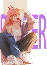 1girl absurdres blue_jacket blue_pants blush brown_background chainsaw_man character_name chinese_commentary collarbone commentary_request cross-shaped_pupils full_body hair_behind_ear heibai_bangbing highres horns jacket long_hair looking_to_the_side open_mouth orange_eyes pants partial_commentary pink_hair power_(chainsaw_man) red_horns sharp_teeth shoes simple_background single_bare_shoulder single_off_shoulder sneakers solo sparkle squatting straight_hair symbol-shaped_pupils tank_top teeth track_pants two-tone_background very_long_hair white_background white_shoes white_tank_top
