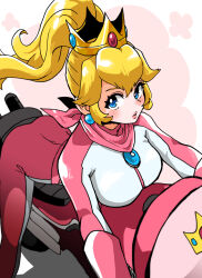 1girl alternate_costume ass biker_peach blonde_hair blue_eyes blue_gemstone blush bodysuit breasts chest_jewel crown earrings feet_out_of_frame gem hair_between_eyes hands_out_of_frame hanimitsu_(bisko) jewelry leaning_forward long_hair looking_at_viewer mario_(series) medium_breasts motor_vehicle motorcycle neckerchief nintendo on_motorcycle pink_neckerchief ponytail princess_peach red_gemstone sidelocks solo