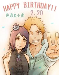 1boy 1girl flower grin hair_flower hair_ornament happy_birthday hood hoodie konan_(naruto) looking_at_viewer makeup meitarou naruto_(series) naruto_shippuuden one_eye_closed orange_hair purple_hair short_hair sleeveless smile v yahiko_(naruto)