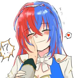 1girl alear_(female)_(fire_emblem) alear_(fire_emblem) blue_hair braid crossed_bangs crown_braid facing_viewer fire_emblem fire_emblem_engage highres love_so_sweetst multicolored_hair nintendo pandreo_(fire_emblem) pov red_hair smile split-color_hair tiara two-tone_hair