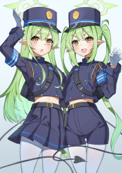 2girls absurdres blue_archive blue_hat blue_jacket blue_shorts blue_skirt chai_mao earrings fangs gloves green_hair green_halo halo hand_up hat highres hikari_(blue_archive) jacket jewelry midriff multiple_girls nozomi_(blue_archive) open_mouth pantyhose pointy_ears shorts single_earring skin_fangs skirt smile twintails white_gloves white_pantyhose yellow_eyes