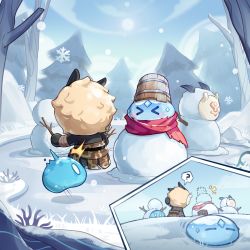 ? black_skin chibi colored_skin genshin_impact highres hilichurl_(genshin_impact) mask official_art outdoors red_scarf scarf slime_(creature) slime_(genshin_impact) snowflakes snowing snowman tribal