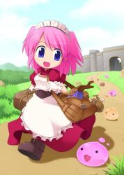 Rule 34 | 1girl, :3, :d, apron, blue sky, breasts, brown bag, bush, castle, chibi, chibi only, cloud, dress, drops (ragnarok online), frilled apron, frills, full body, gloves, grass, kafra uniform, key visual, looking to the side, maid, maid headdress, medium breasts, medium hair, official art, open mouth, path, pink hair, poring, promotional art, puffy short sleeves, puffy sleeves, purple eyes, ragnarok online, ragnarok online kafra quest, red dress, riria (ragnarok online), road, rock, running, short sleeves, sky, slime (creature), smile, solo, third-party source, two side up, white apron, white gloves, yuichirou