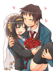 1boy 1girl bouquet bridal_veil brown_hair cardigan carrying couple closed_eyes flower hetero kyon princess_carry rose school_uniform serafuku short_hair suzumiya_haruhi suzumiya_haruhi_no_yuuutsu taiki_(6240taiki) thighhighs veil