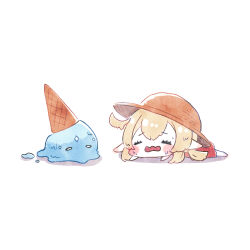 1girl ahoge barefoot blonde_hair blush brown_headwear chibi closed_eyes dress food genshin_impact hat highres ice_cream klee_(genshin_impact) low_twintails lying medium_hair melting nami_harakamiaka on_stomach open_mouth personification pointy_ears red_dress shadow slime_(genshin_impact) straw_hat summer sweat twintails wavy_mouth white_background