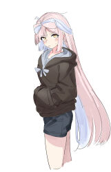 Rule 34 | 1girl, black hoodie, blue hair, blue shorts, blush, bow-shaped hair, breasts, highres, hood, hoodie, huanxiang huifeng, iono (pokemon), jacket, long hair, long sleeves, looking at viewer, multicolored hair, nintendo, pink hair, pokemon, pokemon sv, shirt, shorts, solo, two-tone hair, yellow eyes, yellow jacket