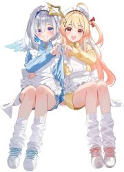 2girls :d absurdres ahoge alternate_costume amane_kanata angel_wings apron blonde_hair blue_hair blue_jacket blue_nails blue_shorts colored_inner_hair enmaided feathered_wings fortissimo four-finger_heart_hands frilled_apron frills grey_hair grin hair_ornament hair_ribbon halo hand_on_another&#039;s_hip heart heart_hands heart_hands_duo highres hololive hololive_dev_is invisible_chair jacket leg_warmers long_hair long_sleeves looking_at_viewer maid maid_apron maid_headdress multicolored_hair multiple_girls musical_note musical_note_hair_ornament nail_polish one_side_up open_mouth otonose_kanade pink_nails purple_eyes red_eyes red_ribbon ribbon shoes short_hair shorts simple_background single_hair_intake sitting smile star_halo track_jacket twitter_username uekana9 virtual_youtuber white_apron white_background white_leg_warmers white_shoes wings yellow_jacket yellow_shorts