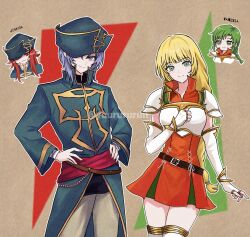 Rule 34 | 2boys, 2girls, armor, belt, blonde hair, blunt bangs, brown belt, closed mouth, cowboy shot, elbow gloves, fingerless gloves, fire emblem, fire emblem: the sacred stones, fire emblem: three houses, gloves, green eyes, green hair, green hat, hair between eyes, hand on own chest, hands on own hips, hat, hat over one eye, high collar, highres, ingrid brandl galatea, joshua (fire emblem), long hair, long sleeves, looking at viewer, multiple boys, multiple girls, nintendo, ponytail, portrait, purple eyes, purple hair, red eyes, red hair, shoulder armor, smile, standing, tassel, thighs, twitter username, vanessa (fire emblem), very long hair, white gloves, yuri leclerc, yuurururun
