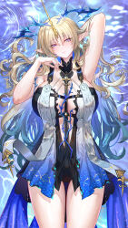 1girl absurdres arm_up armpits black_collar black_dress blonde_hair blue_eyes blue_hair breast_curtains breasts chinese_commentary closed_mouth collar colored_inner_hair commentary_request cowboy_shot crown_of_thorns dakimakura_(medium) dress earrings fleurdelys_(wuthering_waves) floating_earrings from_above hand_up highres horns huge_breasts jewelry long_hair long_horns looking_at_viewer lying lying_on_water merchandise_available misheng_liu_yin multicolored_hair necklace on_back parted_bangs ripples single_horn solo tacet_mark_(wuthering_waves) thigh_gap thighs variant_set very_long_hair wet wuthering_waves yellow_horns