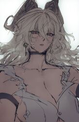1girl arm_strap black_choker black_horns breasts choker collarbone commentary curled_horns earrings english_commentary grey_hair hair_between_eyes highres horns jewelry key_earrings large_breasts large_ribbon long_hair looking_at_viewer moku_(muooku) parted_lips red_eyes shirt sketch solo torn_clothes torn_shirt upper_body white_shirt wuthering_waves zani_(wuthering_waves)