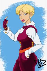Rule 34 | 1girl, ass, blonde hair, blue eyes, bow, bowtie, breasts, curvy, earrings, female focus, formal clothes, gloves, huge ass, jewelry, king (snk), knightlineart, large breasts, long sleeves, looking back, pale skin, pants, shirt, short hair, smile, standing, suit, the king of fighters, thick lips, thick thighs, thighs, tuxedo, white shirt, wide hips