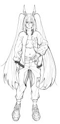 banana_brush crop_top fake_horns hair_ornament hairclip hand_on_own_hip horns lineart long_hair non-web_source original pants shoes sneakers track_pants tsundere vest