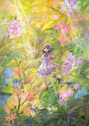 1girl arm_support bubble dress female_focus fish flower flying_fish frilled_dress frills grass hair_flower hair_ornament leaf light_rays mini_person minigirl original pantyhose purple_dress purple_eyes purple_hair purple_pantyhose short_hair sleeves_rolled_up solo sonidoriy wings