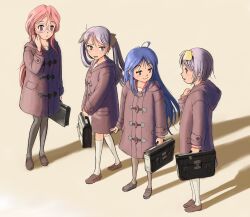 4girls :3 absurdres ahoge bag black_pantyhose blue_hair glasses highres hiiragi_kagami hiiragi_tsukasa holding holding_bag hood hooded_coat izumi_konata loafers long_hair looking_at_another lucky_star multiple_girls pantyhose pink_hair purple_hair round_eyewear ryouou_school_uniform school_uniform shadow shoes short_hair siblings sisters socks standing takara_miyuki takizawa_seihou twintails white_socks