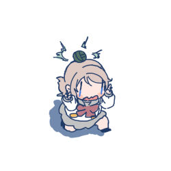 1girl black_hair blush_stickers bow bowtie buttons chibi chibi_only double-breasted grey_hair hair_bun long_sleeves love_live! love_live!_sunshine!! open_mouth red_bow red_bowtie running school_uniform serafuku shinanoya_(satanicad) shirt short_hair simple_background single_hair_bun solo transformation tsushima_yoshiko uranohoshi_school_uniform watanabe_you wavy_mouth white_background white_shirt winter_uniform |_|