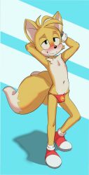 1boy apis armpits blonde_hair blush bulge extra_tails fox_boy green_eyes grin highres male_focus multiple_tails pectorals shadow shoes shota smile solo sonic_(series) striped_background tail tails_(sonic) thong two_tails