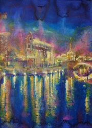 absurdres acrylic_paint_(medium) arch_bridge bridge highres jobanni lamppost landscape night night_sky no_humans original painting_(medium) reflection reflective_water river shadow sky town traditional_media utility_pole water
